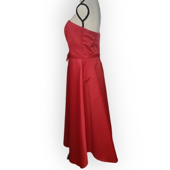 Jessica Mcclintock Red Satin Strapless Tea Length Bow Accent Formal Dress 10 - Picture 4 of 7